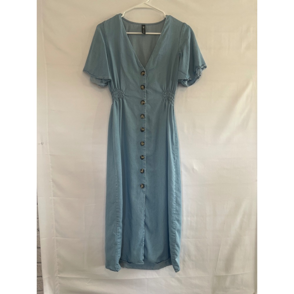 Zara Womens Light Blue Chambray Button Down Smocked Waist Midi Dress Small